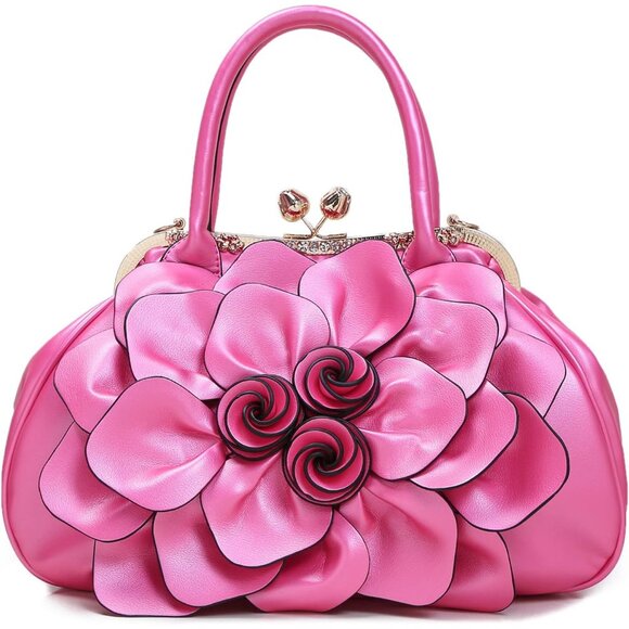 Rose Red Women's 3D Floral Evening Crossbody Bag with Rhinestones PU Leather D